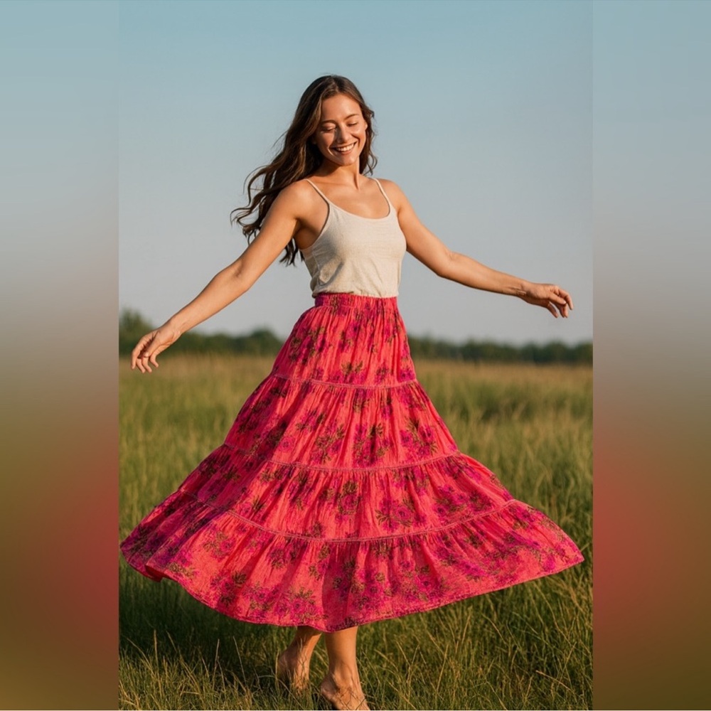 Anthropologie Raga M High Waisted Tiered Cotton Maxi Skirt Pink Floral A-Line